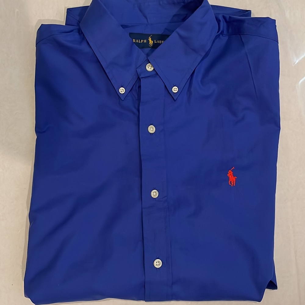 New with tag, Ralph Lauren, blue button down dress shirt, size large